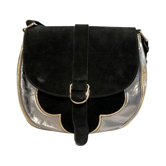 BCBGMaxAzria Handbags - BCBG black suede gold and silver purse